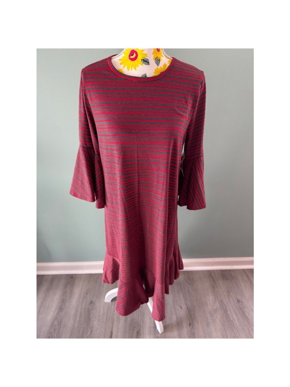 Women's LuLaRoe Maurine Dress XL Red Gray Striped Bell Sleeve